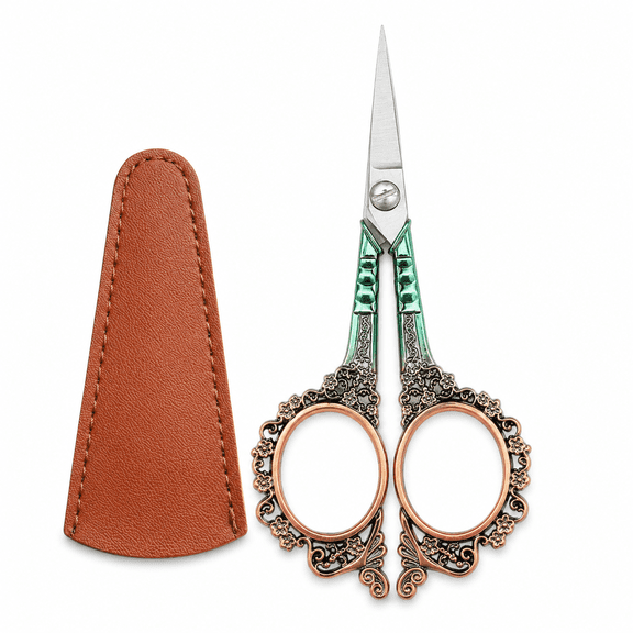 Qczoyp Embroidery Scissors with Leather Cover, Vintage Ornate Sewing Scissors with Sharp Pointed Blades for Needlework, Thread, Ribbon, Crochet, Cross Stitch and Craft Projects, Green Gold