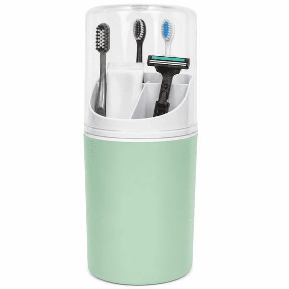 Qczoyp Green Dustproof Toothbrush Holder with Lid, Wall Mount & Freestanding Organizer, 4 Compartment Detachable Washable Divider Electric Toothbrush Storage Cup for Vanity Dorm Kitchen