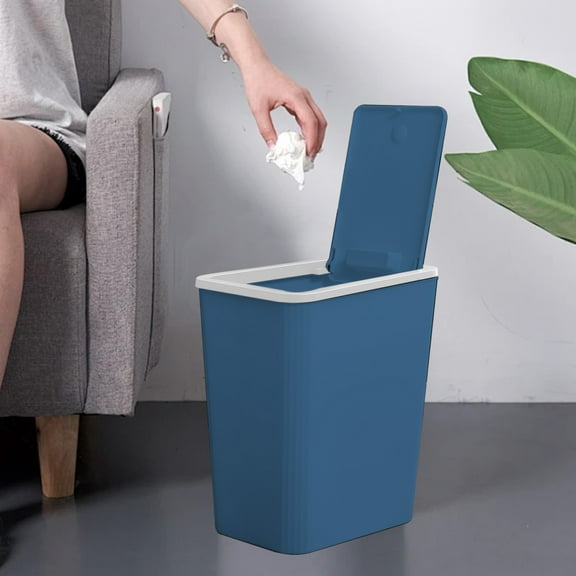 Qdahuk Bathroom Trash Can With Lid Garbage Can With Press Lid Plastic Wastebasket With Popup Lid For Toilet Office Bedroom Living Room Blue