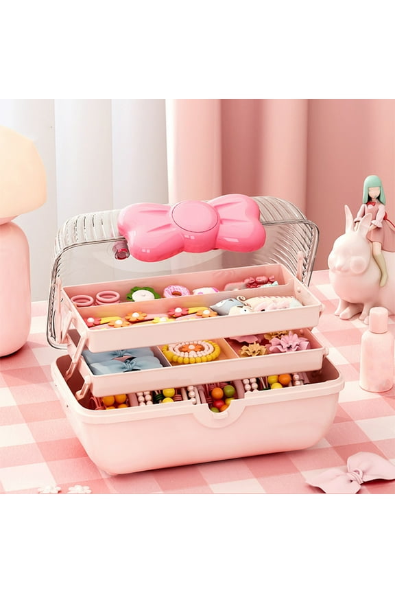 Cute Girls Hair Accessories Storage Bin Organizer Box Jewelry Box Plastic Hair Ties Hair Clips Container Headbands Organizer Gift For Girls Pink