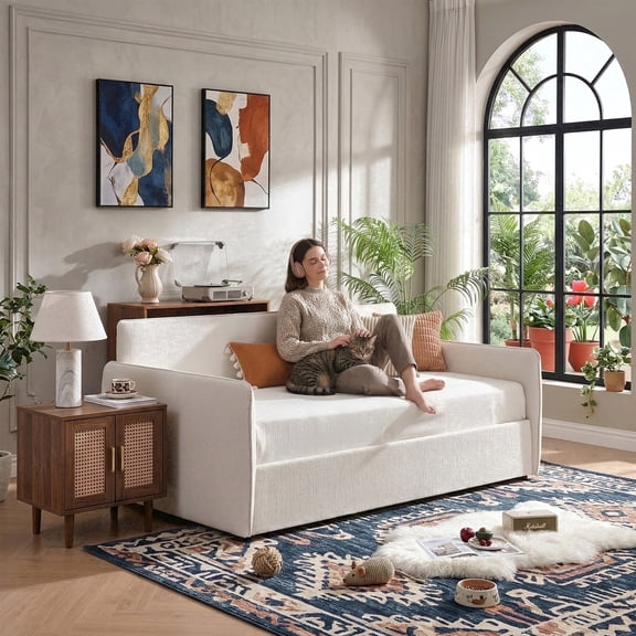 Qdd Twin Size Linen Lift Up Storage Upholstered Daybed Frame with Adjustable Track Arms, No Box Spring Needed,Cream