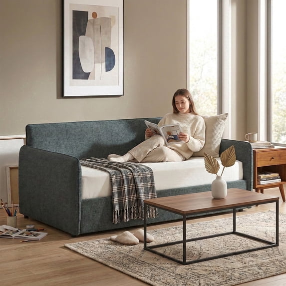 Twin Size Linen Lift Up Storage Upholstered Daybed Frame with Adjustable Track Arms, No Box Spring Needed,Green