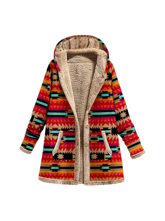 Fleece Jacket Women Women Faux Shearling Jackets Aztec Ethnic Graphic Sherpa Lined Jackets Oversized Button down Hooded Trench Coats