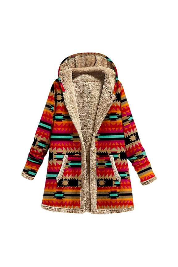 Fleece Jacket Women Women Faux Shearling Jackets Aztec Ethnic Graphic Sherpa Lined Jackets Oversized Button down Hooded Trench Coats