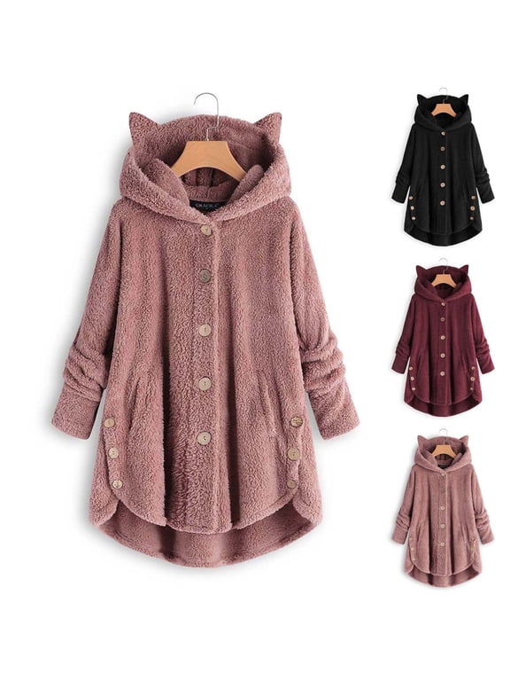 Fleece Jackets for Women Cute Cat Ear Sherpa Fuzzy Winter Coats Button Down Long Sleeve Hooded Fluffy Teddy Jacket S-5XL