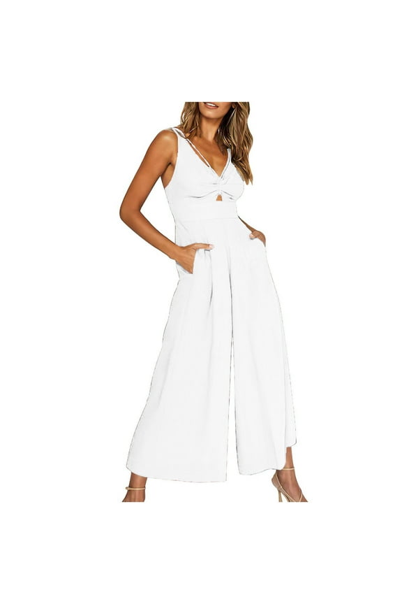 Formal Jumpsuits for Women Dressy Wedding Guest One Piece Sleeveless Rompers High Waisted Wrap V Neck Wide Leg Pants Romper With Pockets