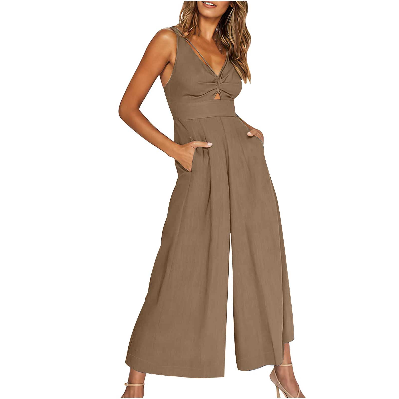 Qeaghou Formal Jumpsuits for Women Dressy Wedding Guest One Piece Sleeveless Rompers High Waisted Wrap V Neck Wide Leg Pants Romper With Pockets