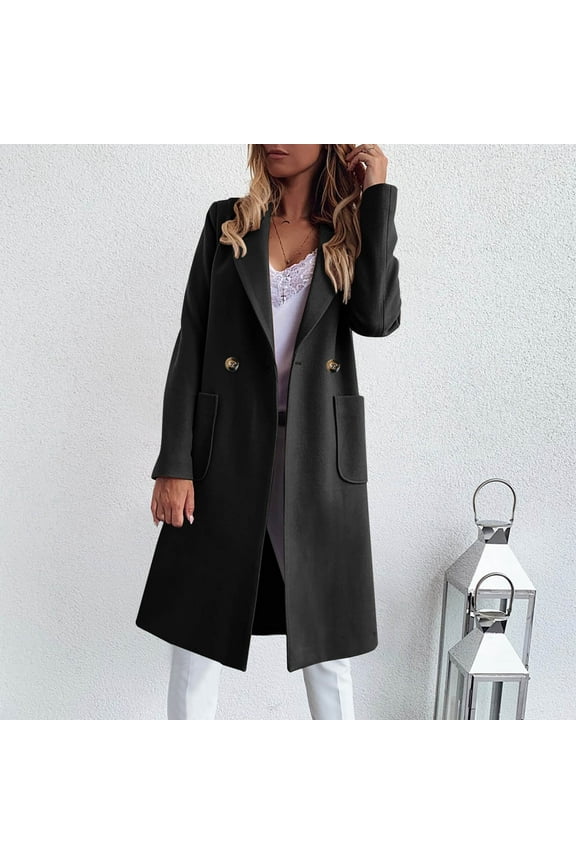 Friday Deal Womens Trench Coat Winter Notch Lapel Double Breasted Long Pea Coat Casual Work Office Wool Blend Overcoat with Pockets