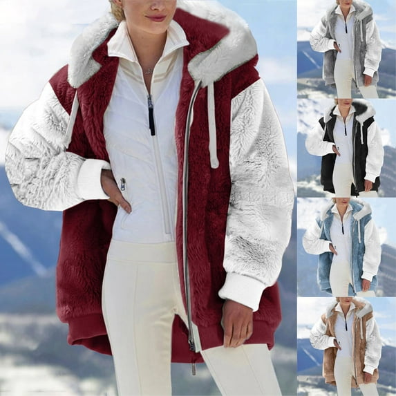 Qeaghou Fuzzy Fleece Jackets for Women Plus Size Full Zip Oversized Winter Coats Puffy Sherpa Color Block Patchwork Cardigan Outerwear Fall