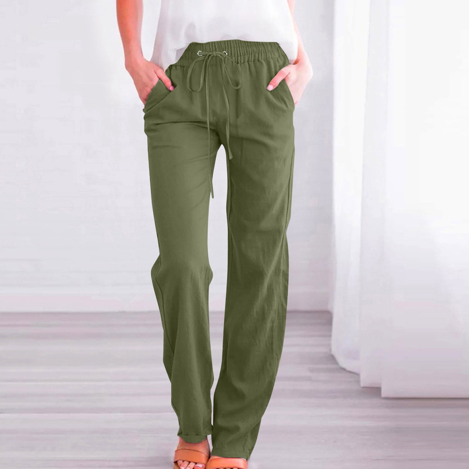 Qeaghou Linen Pants Women Petite Length Straight Leg Drawstring Elastic ...