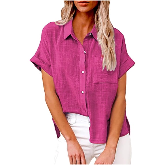 Qeaghou Linen Tops for Women Button Down Cotton Short Sleeve Blouses Casual Collared V Neck Comfy Loose Fit Summer Shirts Clearance $5