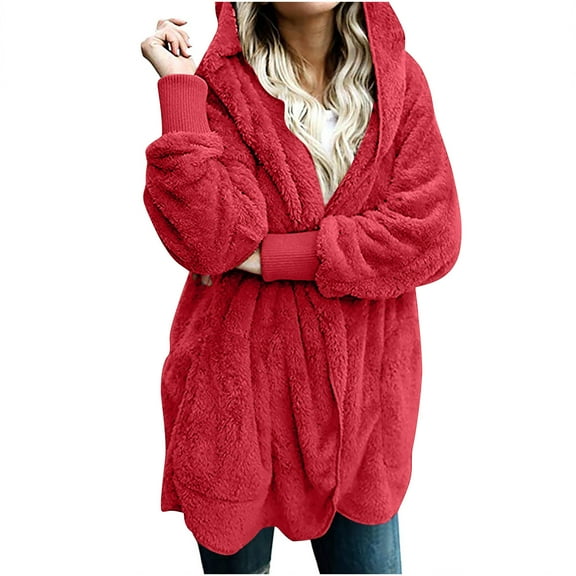 Qeaghou Sherpa Jacket Women Open Front Fuzzy Fleece Cardigan Jacket 2025 Fall Long Sleeve Coats Hooded Jackets with Pockets Warm Coats for Women