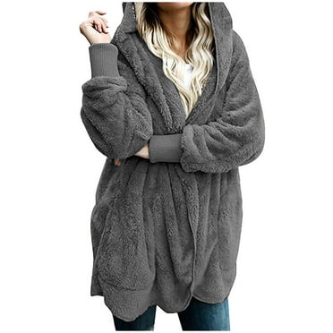 Qeaghou Sherpa Jacket Women Open Front Fuzzy Fleece Cardigan Jacket 2025 Fall Long Sleeve Coats Hooded Jackets with Pockets White Fur Coats for Women