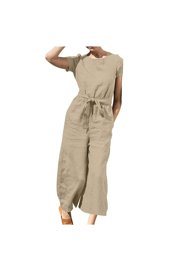 Summer Jumpsuits for Women Casual Sleeveless Crewneck Cotton Linen Wide Leg Overalls Elegant Loose Fit One Piece Outfits With Pockets