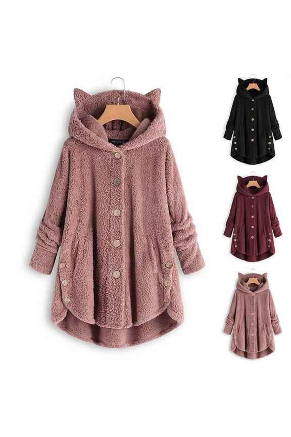 Winter Coats for Women With Hood Fuzzy Fleece Jackets Cute Cat Ear Sherpa Button Up Long Sleeve Fluffy Teddy Jacket Clearance Under $5