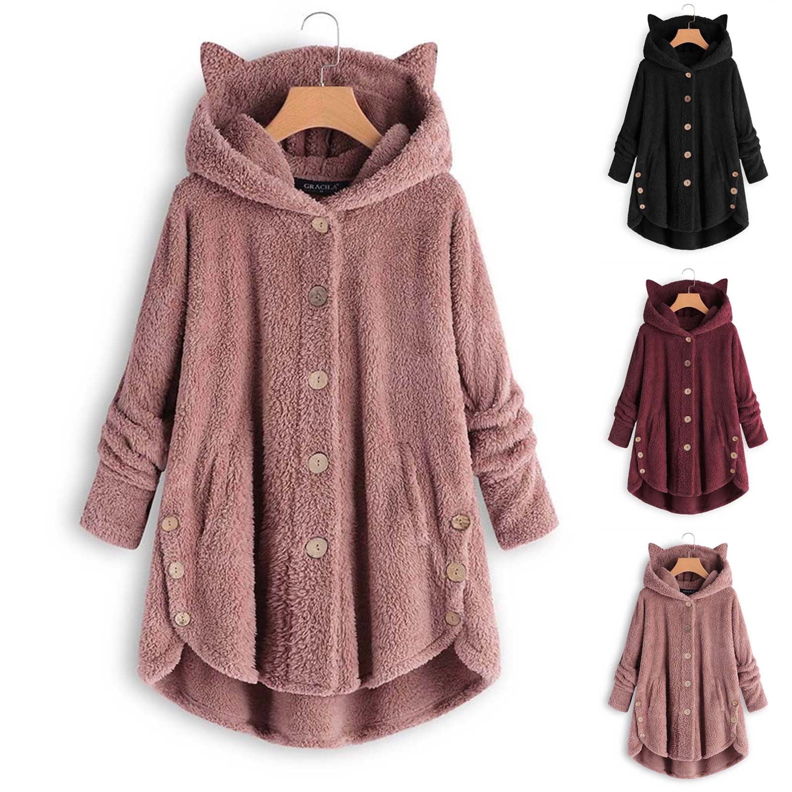 Qeaghou Winter Coats for Women With Hood Fuzzy Fleece Jackets Cute Cat