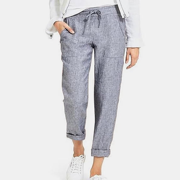 Qeaghou Women Cropped Pants Drawstring High Waisted Cotton Linen Pants Plus Size Loose Comfy Summer Casual Pants With Pockets S-5xl