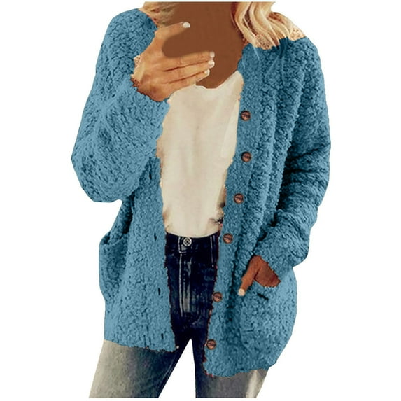 Qeaghou Women Fuzzy Fleece Jacket Button Down Shacket Casual Sherpa Coats Long Sleeve Puffy Warm Cardigan Outwear With Pockets S-5XL