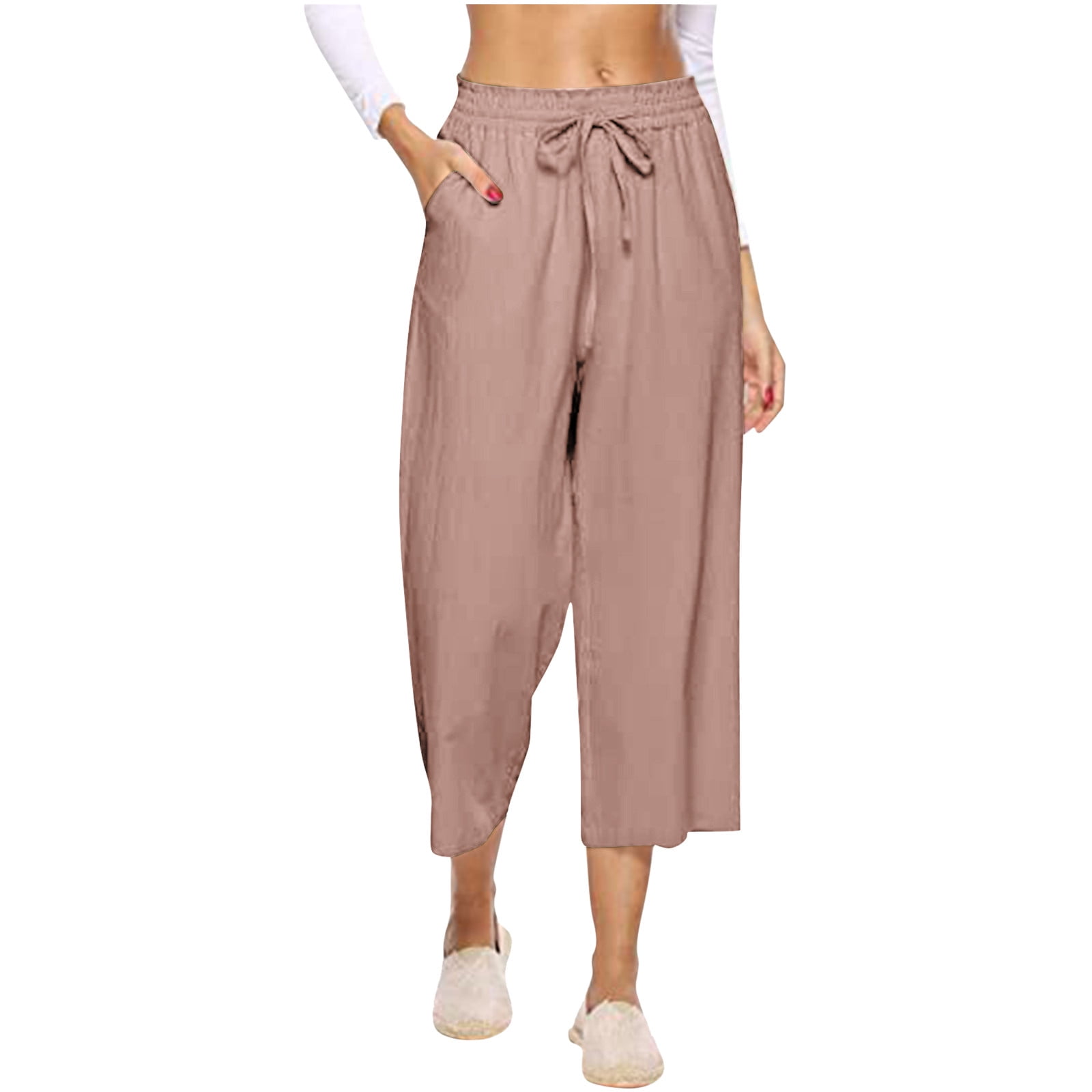 Qeaghou Women Linen Cropped Pants Summer Casual Capri Pants Drawstring