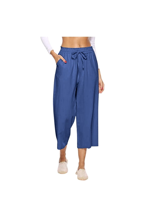 Women Linen Cropped Pants Summer Casual Capri Pants Drawstring High Waisted Wide Leg Pants Beach Vacation Plazzo Pants S-2xl