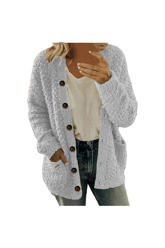 Women Sherpa Jacket Fuzzy Teddy Coat Plus Size Fleece Lined Warm Winter Puffy Button Down Cardigan Jackets S-5XL