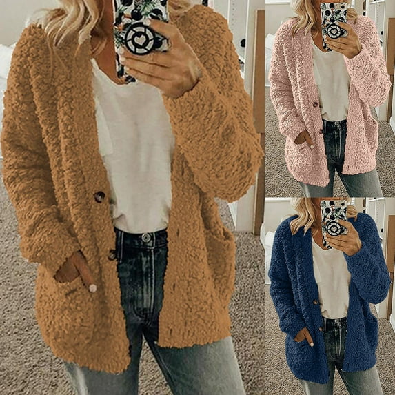 Qeaghou Women Sherpa Jacket Warm Fuzzy Fleece Jackets Plus Size Winter Puffy Long Sleeve Button Down Cardigan Coats