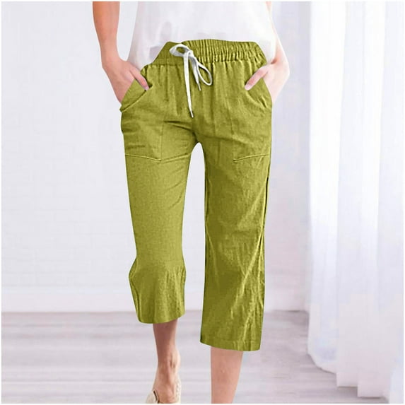 Qeaghou Women's Capri Pants Elastic Waist Linen Capri Pants 2024 Plus Size Straight Leg Trousers Summer Beach Casual Cropped Pants