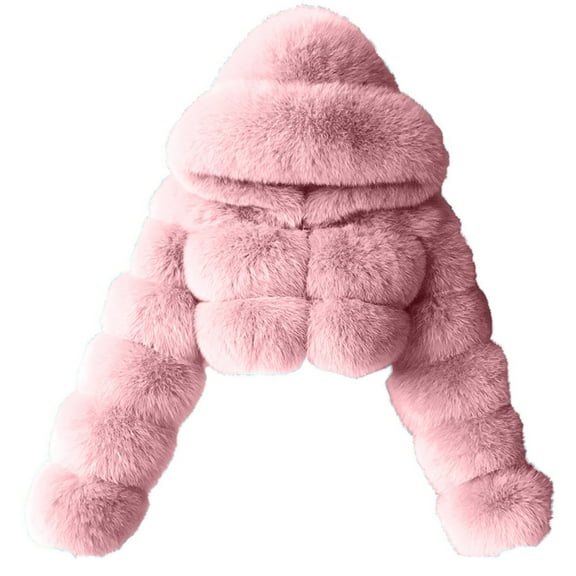 Qeaghou Womens Faux Fur Coat Trendy Zip Up Cropped Teddy Jackets Long Sleeve Fuzzy Fluffy Warm Short Winter Coats with Hood