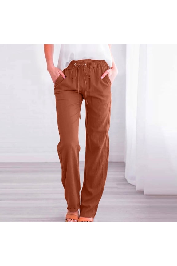 Womens Linen Pants Petite Length Straight Leg Drawstring Elastic High Waist Pants Relax Fit Solid Lounge Long Trousers