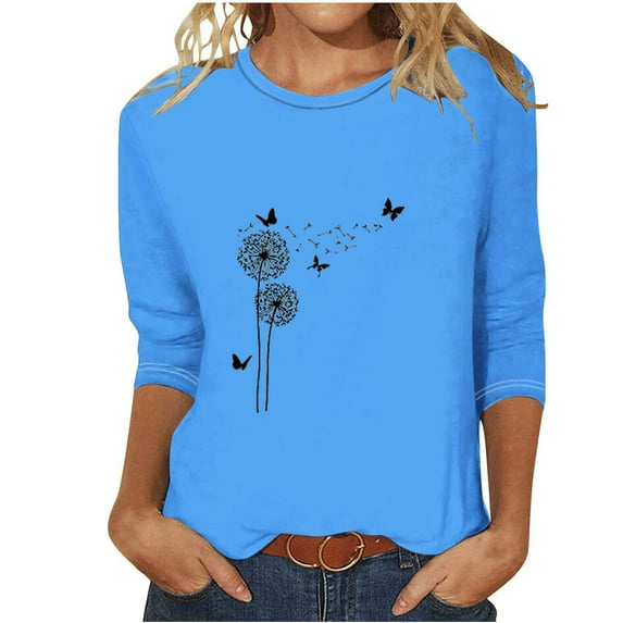 Qeaghou Womens Summer Tops Casual Dressy 3/4 Sleeve T Shirts Round Neck Floral Print Cute Blouses Lightweight Basic Tees Deal Of The Day Warehouse Clearance