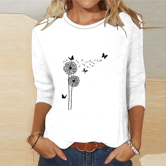 Qeaghou Womens Tops Dressy Casual 3/4 Sleeve Crewneck Cute Shirts Summer Floral Print Relaxed Fit Tee Loose Soft Blouses Deals