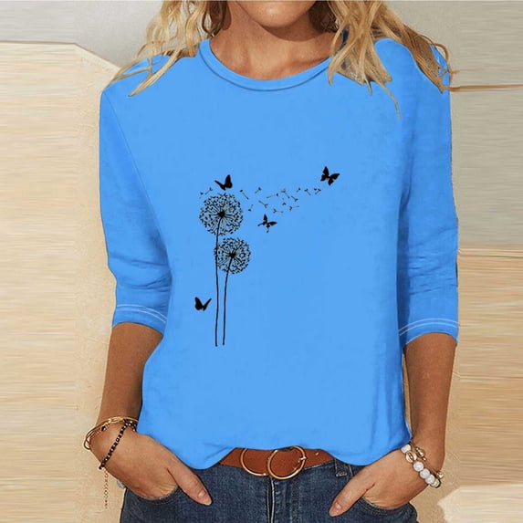 Qeaghou Womens Tops Dressy Casual 3/4 Sleeve Crewneck Cute Shirts Summer Floral Print Relaxed Fit Tee Loose Soft Blouses Fall Savings