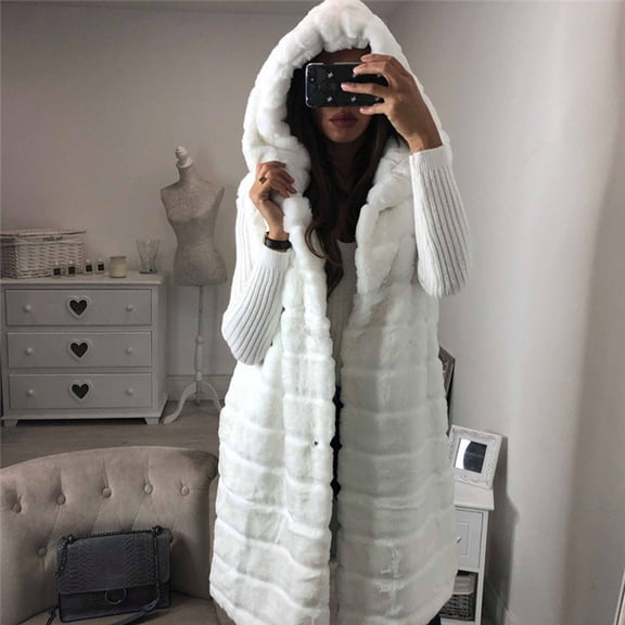 Qeaghou Womens Winter Coats Long Faux Fur Vest Sleeveless Hooded Warm Fuzzy Fluffy Overcoats Open Front Parka Cardigans
