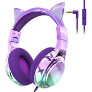 QearFun Kids Cat Ear Headphones with Cord for Girls with Mic, 85/94dB Safe Volume Limiter, Share Port, Foldable Sparkly Wired Headset for School, Travel, Tablet - Purple