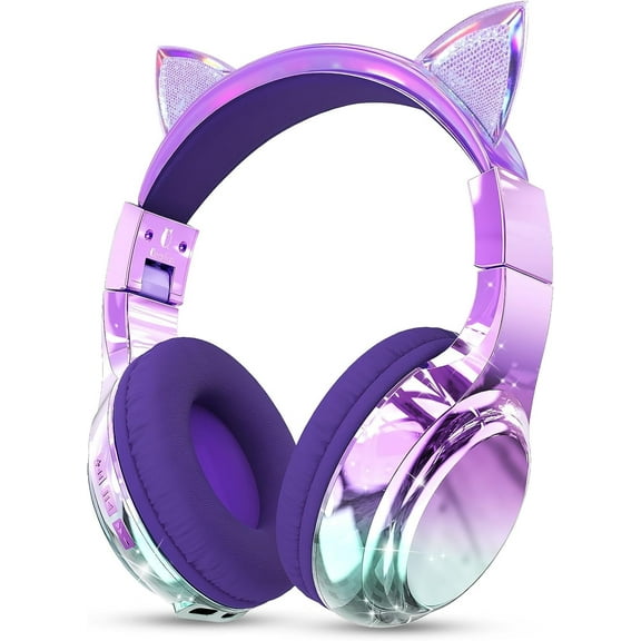 QearFun Kids Cat Ear Bluetooth Headphones, 60H Playtime, 3-Level 74/85/94dB Safe Volume Limit, Wireless Headset with Mic for Girls, Bluetooth 5.3, Foldable for School/Travel/Tablet - Purple