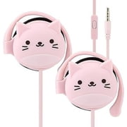 QearFun Cat Earbuds for Kids with Ear Hooks, Kawakii Wired Over Ear Headphones Earphones Gifts for School Girls and Boys with Microphone & Ear Loops Pink