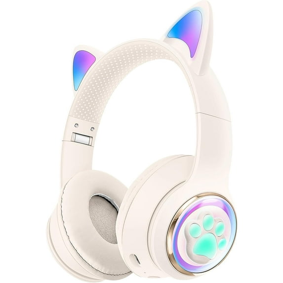 QearFun Cat Headphones for Girls Kids for School, Kids Bluetooth Headphones with Microphone & 3.5mm Jack, Teens Toddlers Wireless Headphones with Adjustable Headband for Tablet/PC-White