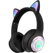 QearFun Cat Headphones for Girls Kids for School, Kids Bluetooth Headphones with Microphone & 3.5mm Jack, Teens Toddlers Wireless Headphones with Adjustable Headband for Tablet/PC Black