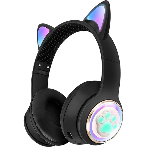 QearFun Cat Headphones for Girls Kids for School, Kids Bluetooth Headphones with Microphone & 3.5mm Jack, Teens Toddlers Wireless Headphones with Adjustable Headband for Tablet/PC Black