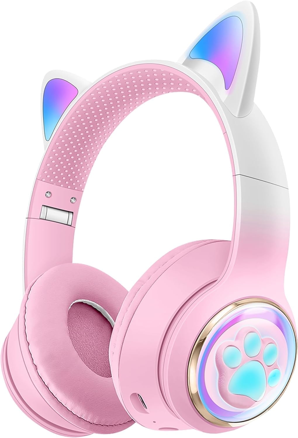 QearFun Cat Headphones with LED Lights for Girls Kids for School,Kids Bluetooth Headphones with Microphone & 3.5mm Jack, Teens Toddlers Wireless Headphones with Adjustable Headband for Tablet/PC-Pink