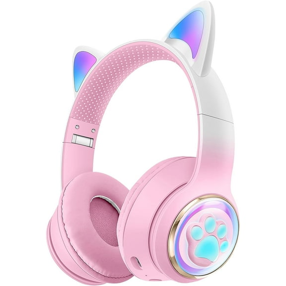 QearFun Cat Headphones with LED Lights for Girls Kids for School,Kids Bluetooth Headphones with Microphone & 3.5mm Jack, Teens Toddlers Wireless Headphones with Adjustable Headband for Tablet/PC-Pink