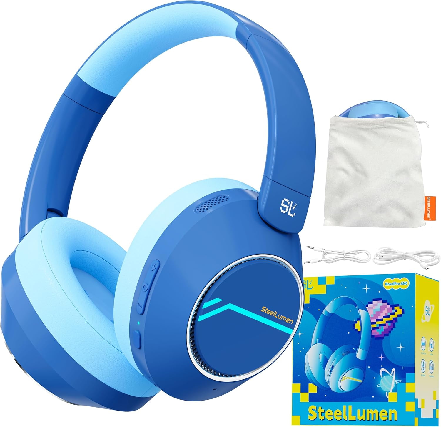 Nova1Pro Kids Wireless Active Noise Cancelling Headphones, Bluetooth 5.4, 40H Playtime, Volume Limited 75/85/94dB, Type-C Fast Charging, Mic, Foldable for School/Travel/Airplane, Blue