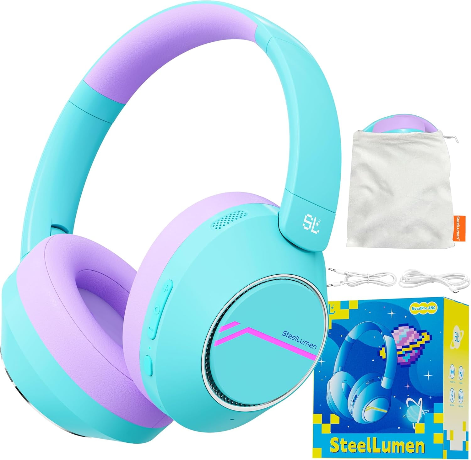 Nova1Pro Kids Wireless Active Noise Cancelling Headphones, Bluetooth 5.4, 60H Playtime, Volume Limited 75/85/94dB, Type-C Fast Charging, Mic, Foldable for School/Travel/Airplane, Green