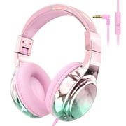 QearFun Kids Headphones Wired with 85/94dB Volume Limit, Foldable On-Ear Headset with Microphone & Audio Sharing Port for School, Travel, Tablet - for Boys & Girls (Pink)