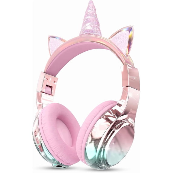 QearFun Kids Unicorn Bluetooth Headphones, 60H Playtime, 3-Level 74/85/94dB Safe Volume Limit, Wireless Headset with Mic for Girls, Bluetooth 5.3, Foldable for School/Travel/Tablet - Pink