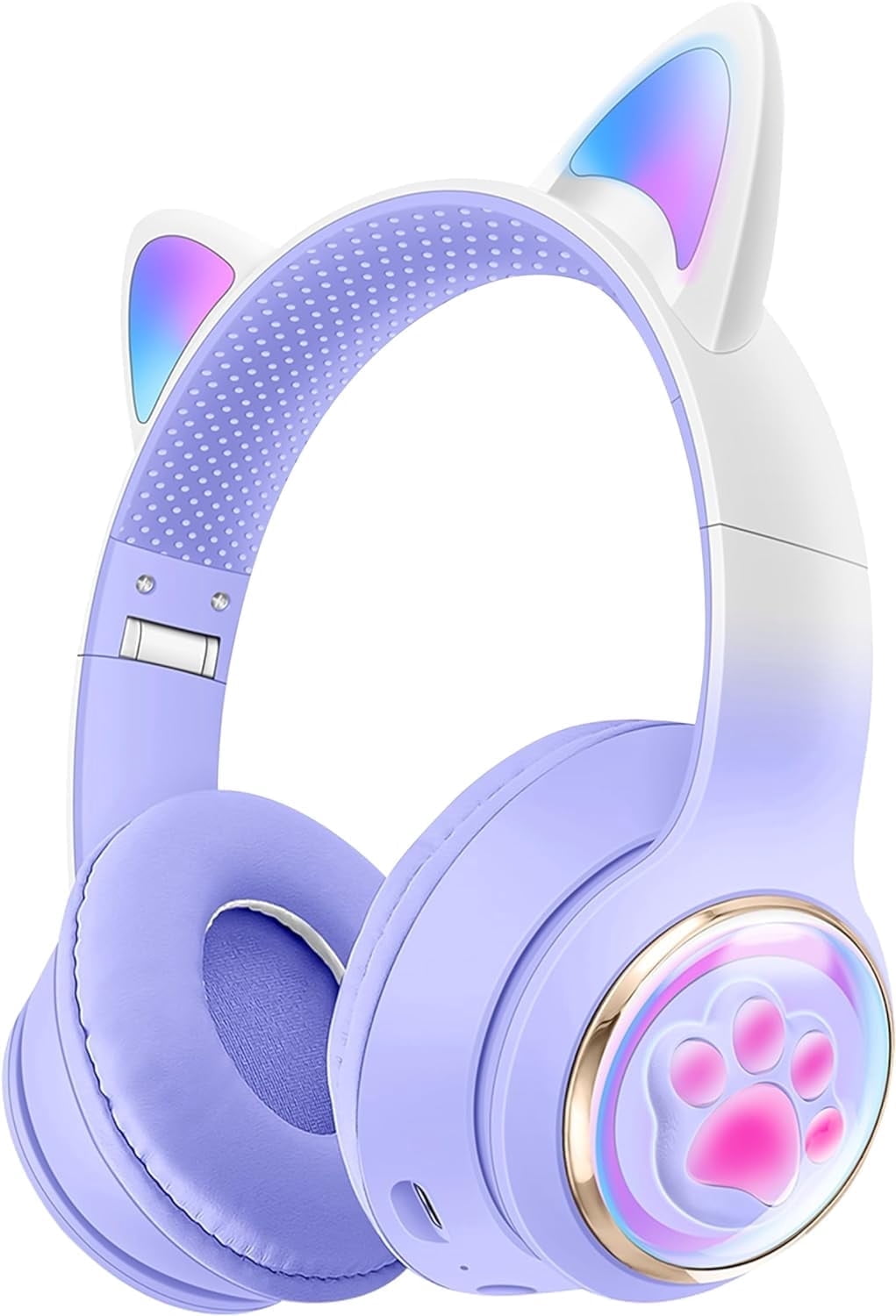 QearFun Kids Wireless Headphones,Cat Ear Headphones with LED Lights for Kids/Boys/Girls/Toddler Aged 3 up, 2 in 1 Childrens Bluetooth/Wired Headphones Foldable with Mic for Phone/Tablet/Laptop,Purple