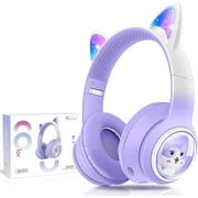 QearFun Kids Wireless Headphones,Cat Ear Headphones with LED Lights for Kids/Boys/Girls/Toddler, 2 in 1 Childrens Bluetooth/Wired Headphones Foldable with Mic for Phone/Tablet/Laptop,Purple