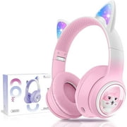 QearFun Kids Wireless Headphones, Cat Ear Headphones with LED Lights for Kids/Boys/Girls/Toddler Aged 3 up, Childrens Bluetooth Headphones Foldable with Microphone for Phone/Tablet/Laptop (Pink)