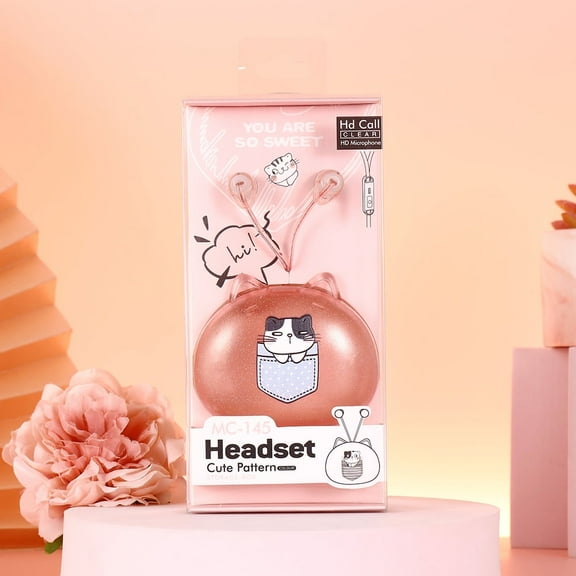 QearFun Cat Earbuds for Kids in-Ear Headphones,Kid Cable Wired Earbud,Earphone with Microphone and Lovely Earphones Storage Case,Ideal Gifts for School Girls and Boys (Pink)