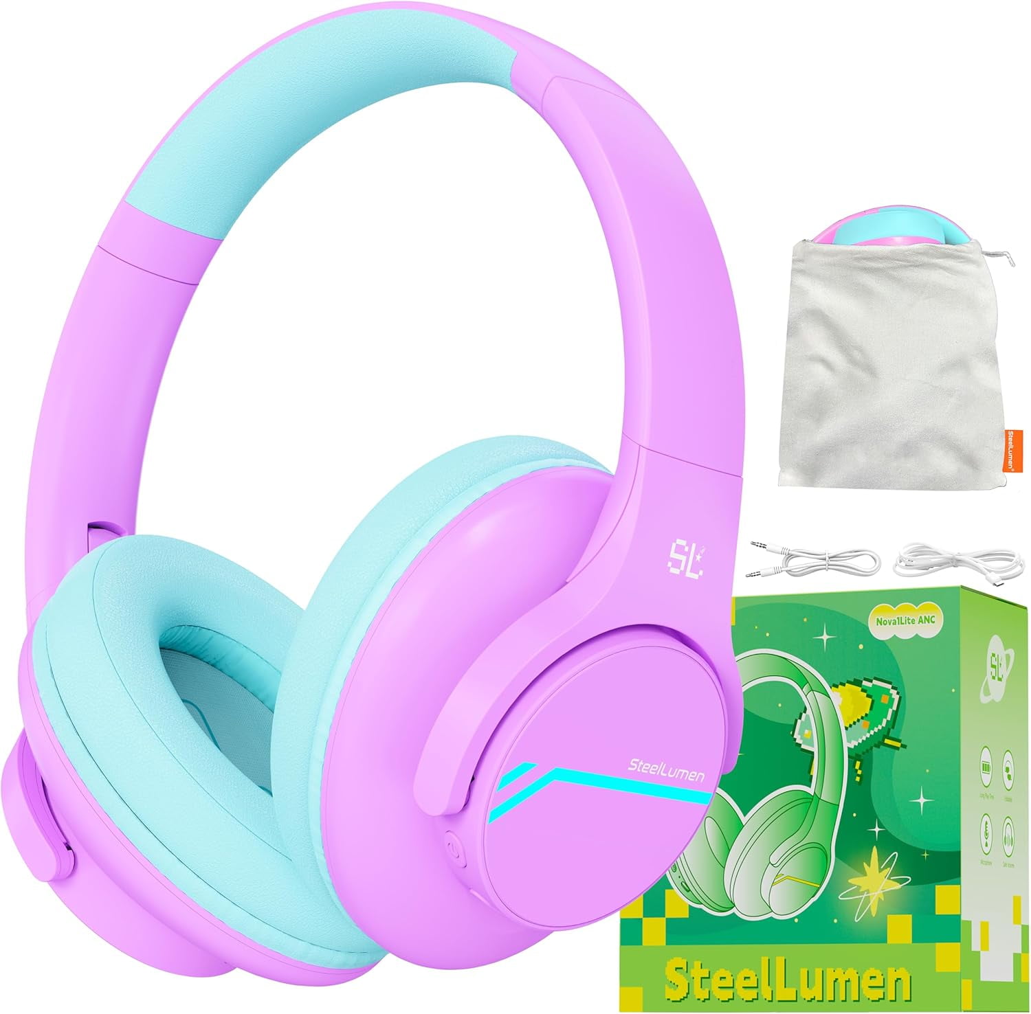 Nova1Lite Kids Wireless Active Noise Cancelling Headphones, Bluetooth 5.3, Safe Volume 74/85/94dB, Real 40H Battery, Type-C Fast Charging, Built-in Mic for School Travel Airplane, Purple